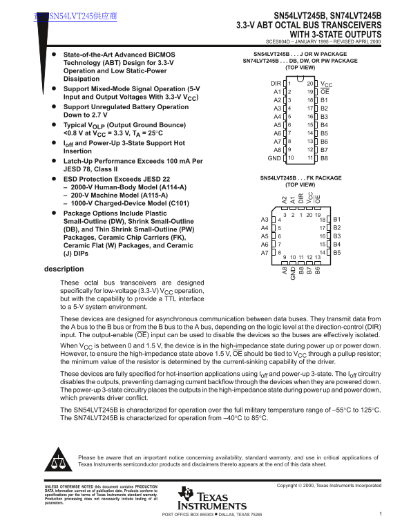 Texas Instruments SN54LVT245B, SN74LVT245B 3.3-V ABT OCTAL BUS TRANSCEIVERS WITH 3-STATE OUTPUTS User Manual Data Sheet - Page 1