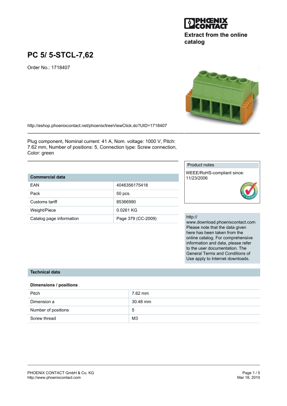 Phoenix Contact PC 5 5-STCL-7,62 Product Data Sheet Manual - Page 1