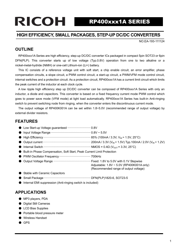 RICOH RP400xxx1A SERIES HIGH-EFFICIENCY, SMALL-PACKAGE, STEP-UP DC-DC CONVERTERS - Page 1