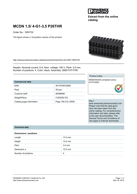 Phoenix Contact MCDN 1,5 4- G1-3,5 P26THR Order No. 1953732 Product Data Manual - 10-position Version - Page 1