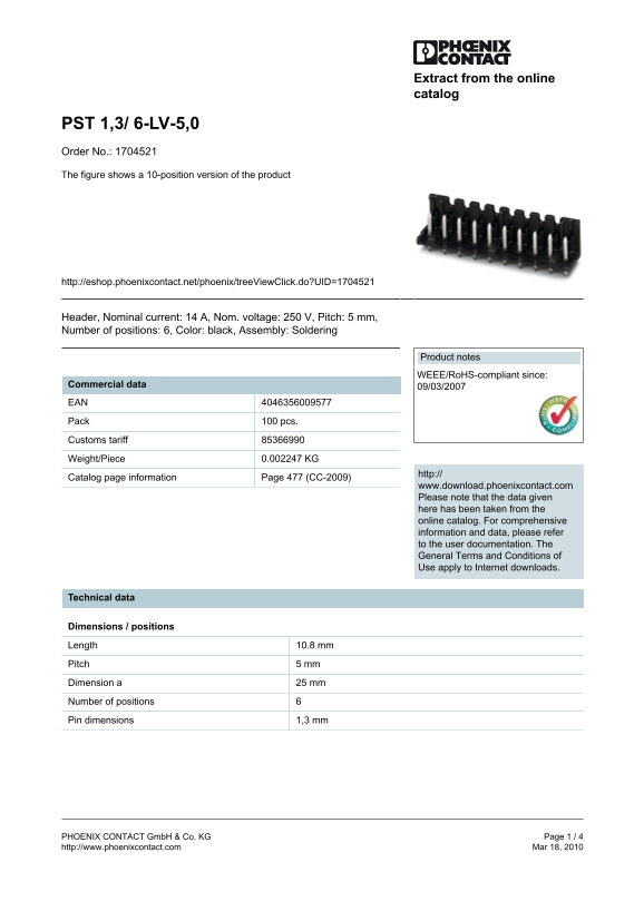 Phoenix Contact PST 1,3 6-LV-5,0 Data Manual 6-Position Product Figure - Page 1