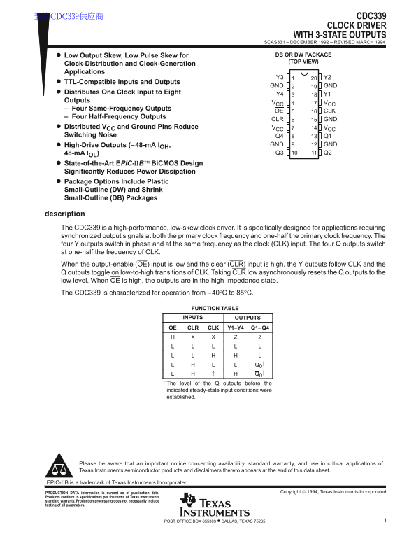 Texas Instruments CDC339 Clock Driver with 3-State Outputs - Page 1