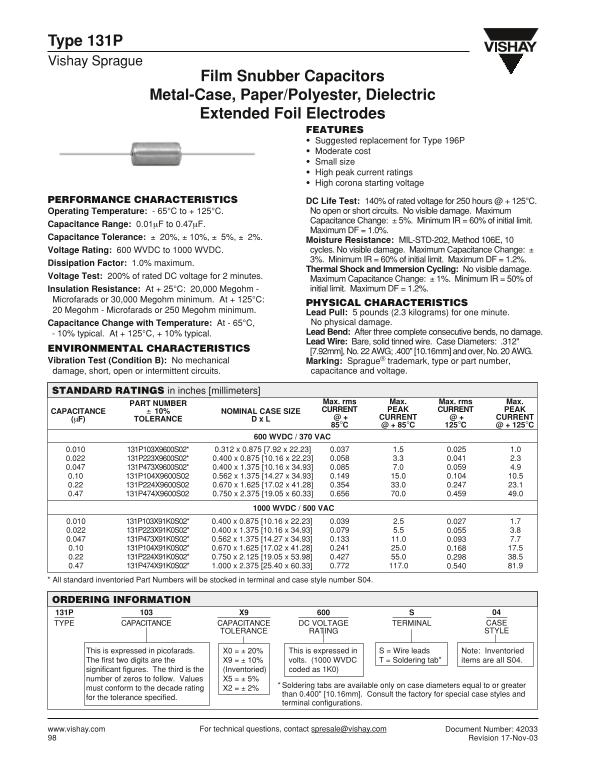 Vishay Type 131P Data Sheet - Page 1