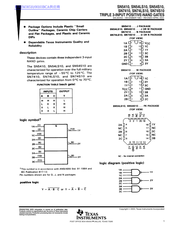 Texas Instruments SN5410, SN54LS10, SN54S10, SN7410, SN74LS10, SN74S10 Data Handbook - Page 1