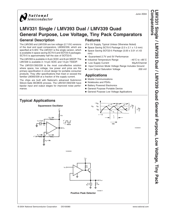 NATIONAL SEMICONDUCTOR LMV331 Single Comparator LMV393 Dual Comparator LMV339 Quad Comparator General Purpose, Low Voltage, Tiny Package Comparators - Page 1