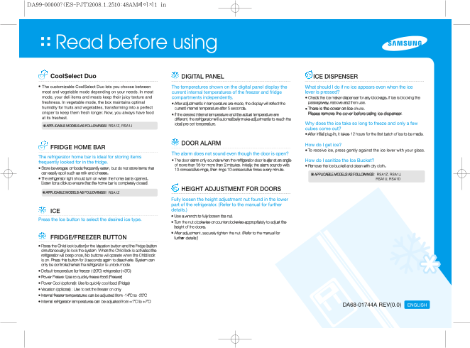 Samsung RSA2ZQVS1 Quick User Guide for Double Door Refrigerator - Page 1