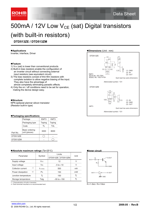 ROHM DTD513ZE DTD513ZM Data Sheet - Page 1