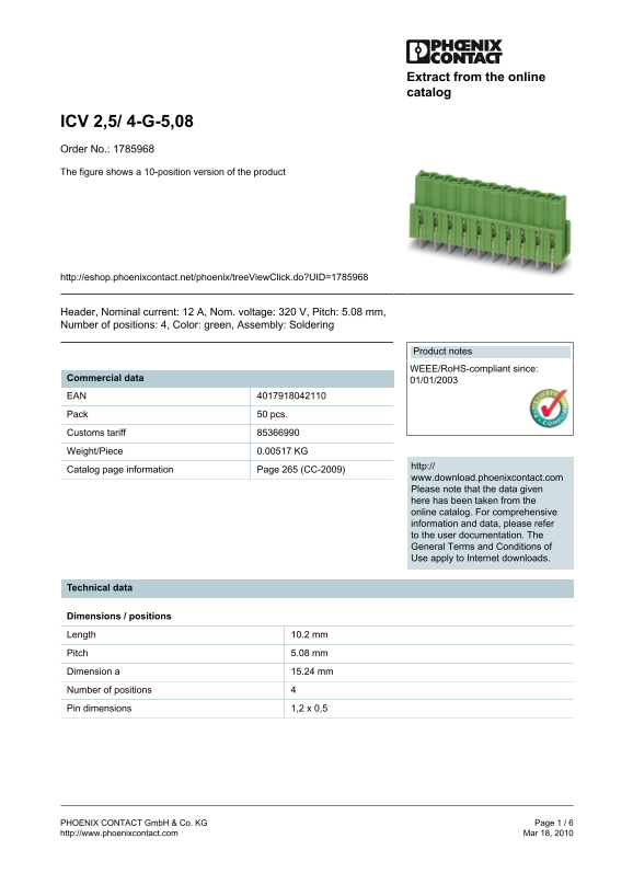 Phoenix Contact ICV 2,5 4- G-5,08 Order No. 1785968 Product Figure: A 10-position Version of the Product Data Manual and Specifications User Guide - Page 1
