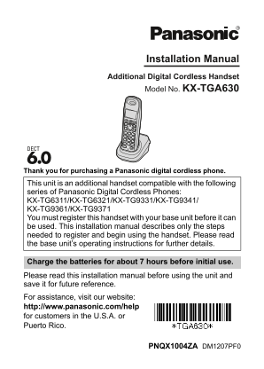 Panasonic KX-TGA630 Installation Guide - Page 1