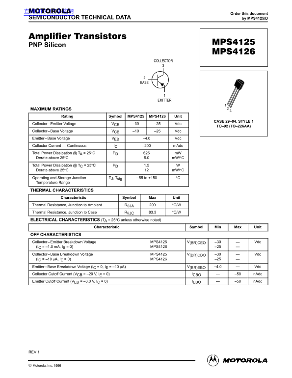 Motorola MPS4125 MPS4126 Data Handbook/Manual - Page 1