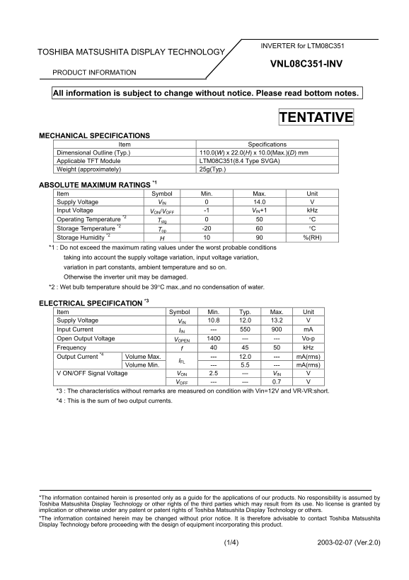 Toshiba VNL08C351-INV Data Handbook - Page 1