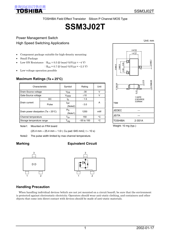 Toshiba TOSHIBA Field Effect Transistor Silicon P Channel MOS Type SSM3J02T Data Handbook - Page 1