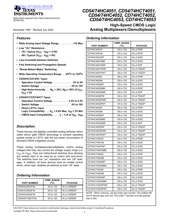Texas Instruments CD54 CD74HCT4051-4052-4053-4054 Data Sheet - Page 1