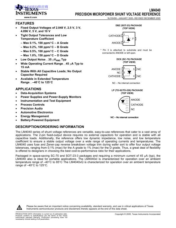 Texas Instruments LM4040 Precision Micropower Shunt Voltage Reference Data Manual - Page 1
