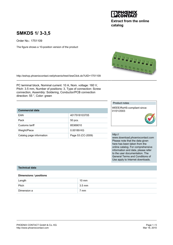 Phoenix Contact - SMKDS 1 3-3,5 Data Sheet - Page 1