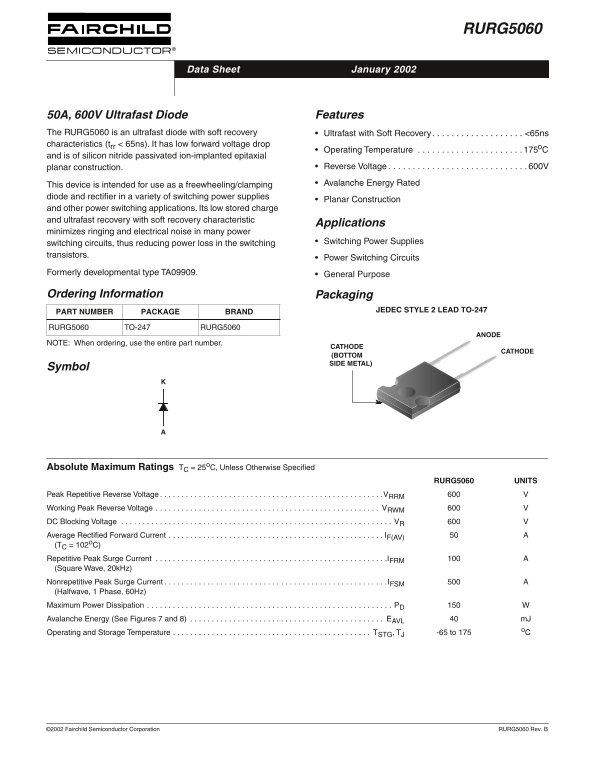 Fairchild RURG5060 50A, 600V Ultrafast Diode Data Handbook - Page 1