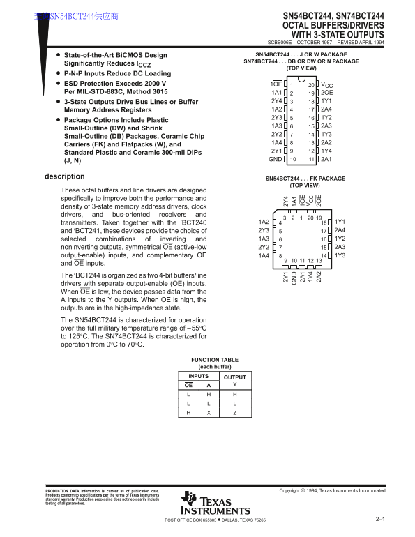 Texas Instruments SN54BCT244, SN74BCT244 User Manual and Specifications - Page 1
