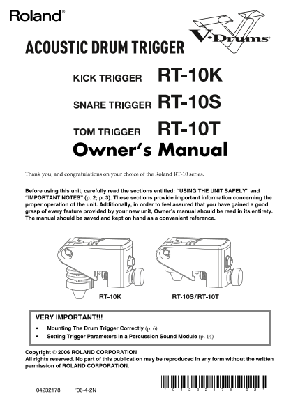 Roland Roland RT-10K Acoustic Drum Triggers Owner's Manual - Page 1