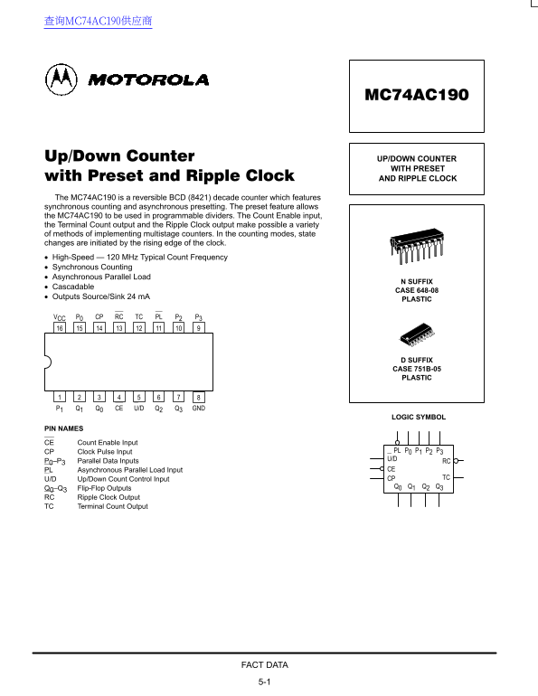 Motorola MC74AC190 Up/Down Counter with Preset and Ripple Clock Data Handbook - Page 1