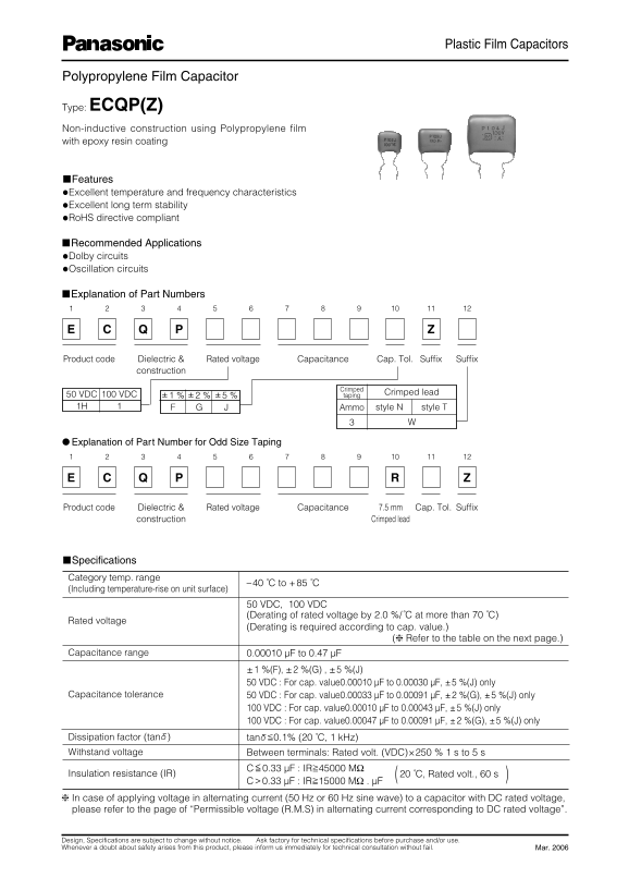 Panasonic ECQP(Z) Plastic Film Capacitor Specifications and User Guide - Page 1