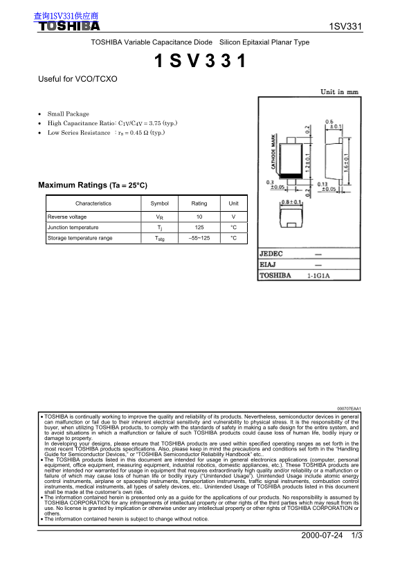 Toshiba TOSHIBA Silicon Epitaxial Planar Type 1SV331 Data Handbook - Page 1