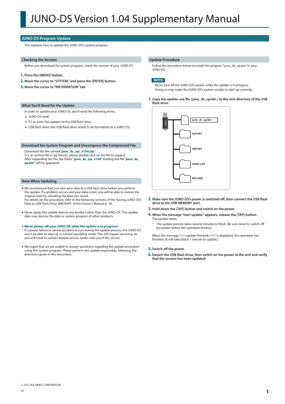 Roland Juno-DS61 Synthesizer User Manual (English) [Supplementary Manual for Juno-DS Version 1.04] - Page 1