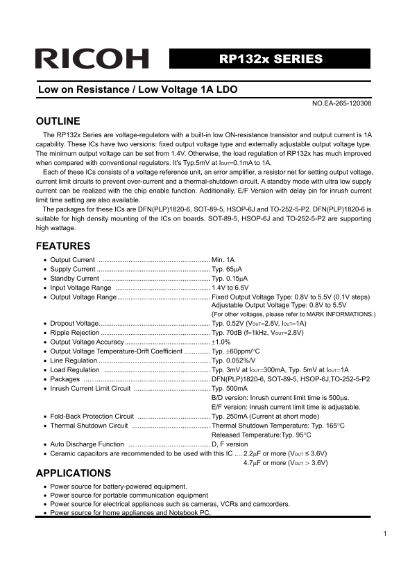 RICOH RP132x SERIES Low on Resistance Low Voltage 1A LDO Data Sheet User Manual - Page 1