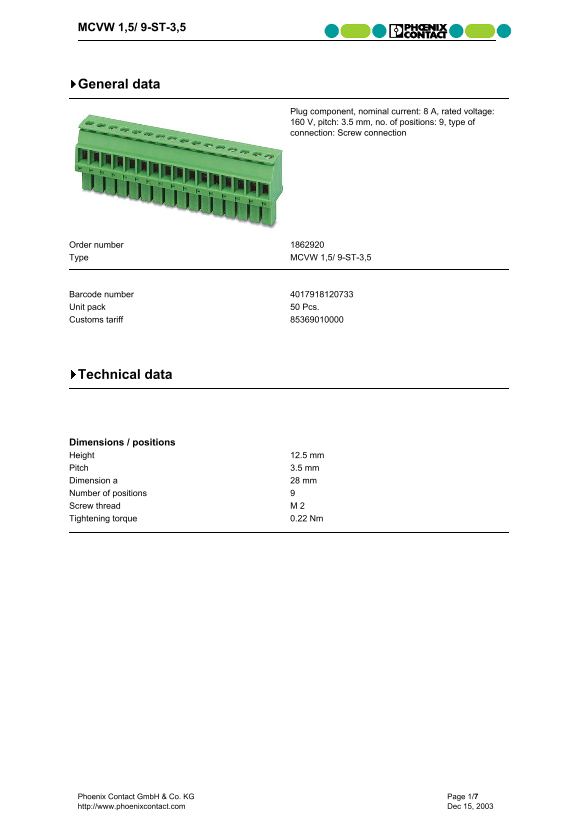 Phoenix Contact MCVW 1,5 9-ST-3,5 Data Sheet / Manual - Page 1
