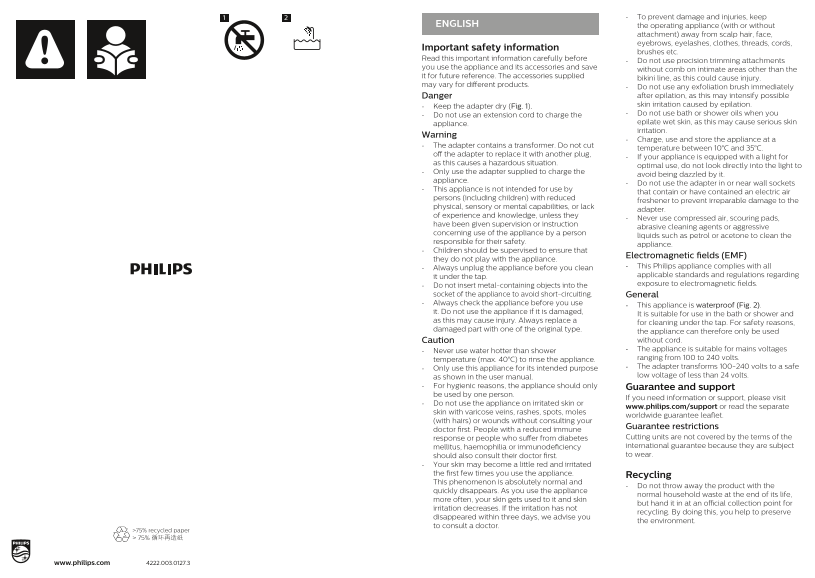 Philips Satinelle Advanced Dry & Wet Epilator BRE640 00 Product Support & Manual Instruction Book User Guide Important Information Handbook - Page 1