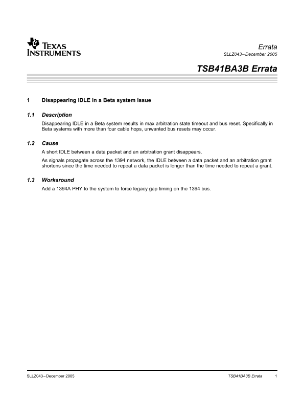 Texas Instruments TSB41BA3B Errata - Page 1