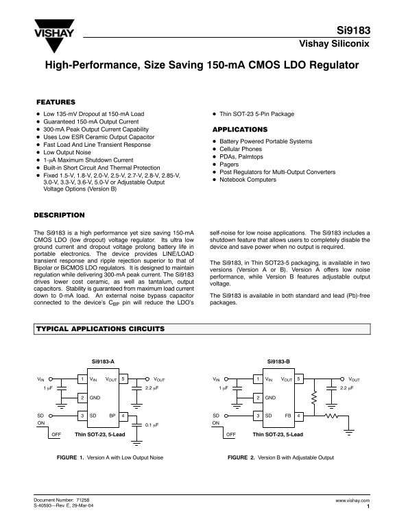 Vishay Si9183 Data Sheet - Handbook/Manual - Page 1