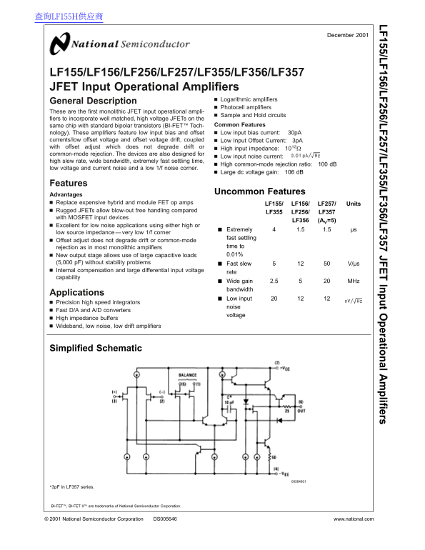 National LF155, LF156, LF256, LF257, LF355, LF356, LF357 JFET Input Operational Amplifiers Data Manual - Page 1