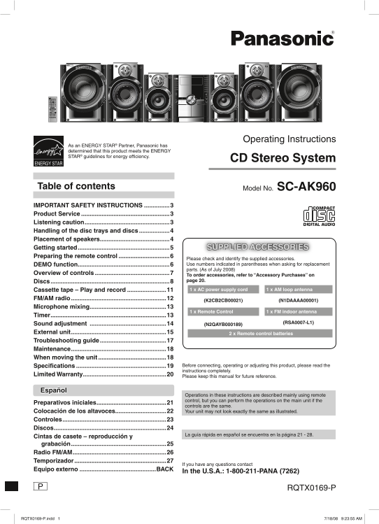Panasonic SA-AK960 CD Stereo System Operating Instructions - Page 1