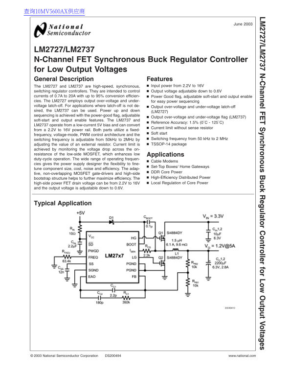 National Semiconductor LM2727 LM2737 N-Channel FET Synchronous Buck Regulator Controller for Low Output Voltages - Page 1