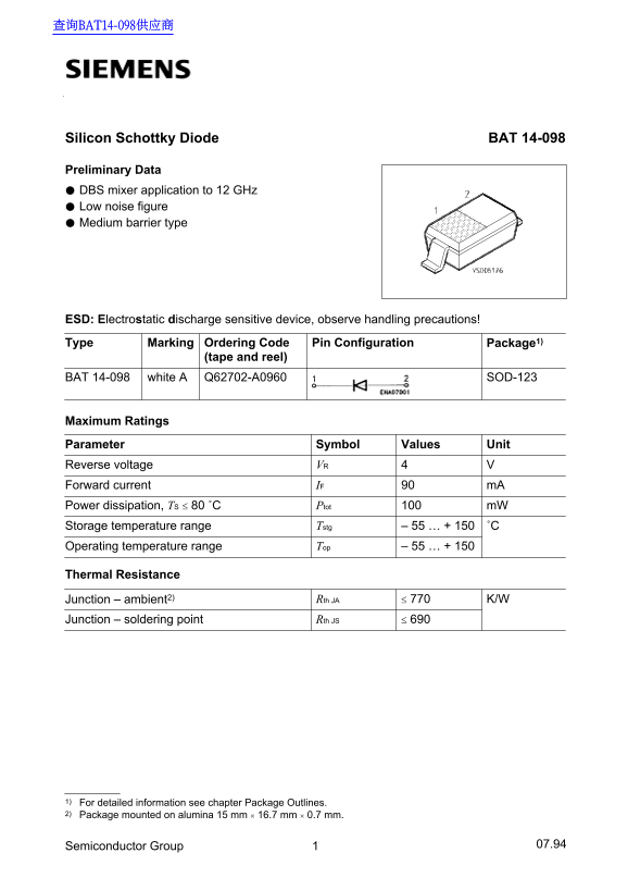 Siemens BAT 14-098 Data Sheet - Page 1