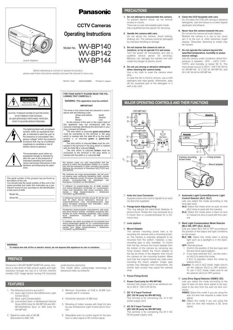 Panasonic WV-BP140 WV-BP142 WV-BP144 CCTV Cameras Owner's Manual User Guide - Page 1