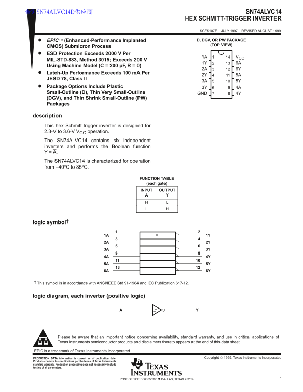 Texas Instruments SN74ALVC14 HEX Schmitt-Trigger Inverter User Manual and Specifications - Page 1
