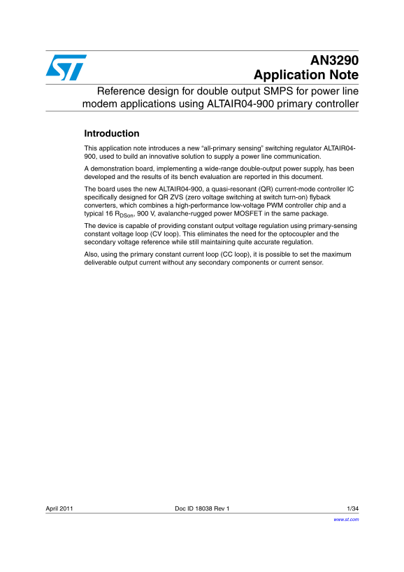 ST AN3290 Application Note Design Reference for Dual Output SMPS Applied to Power Line Modem Utilizing ALTAIR04-900 Primary Controller - Page 1