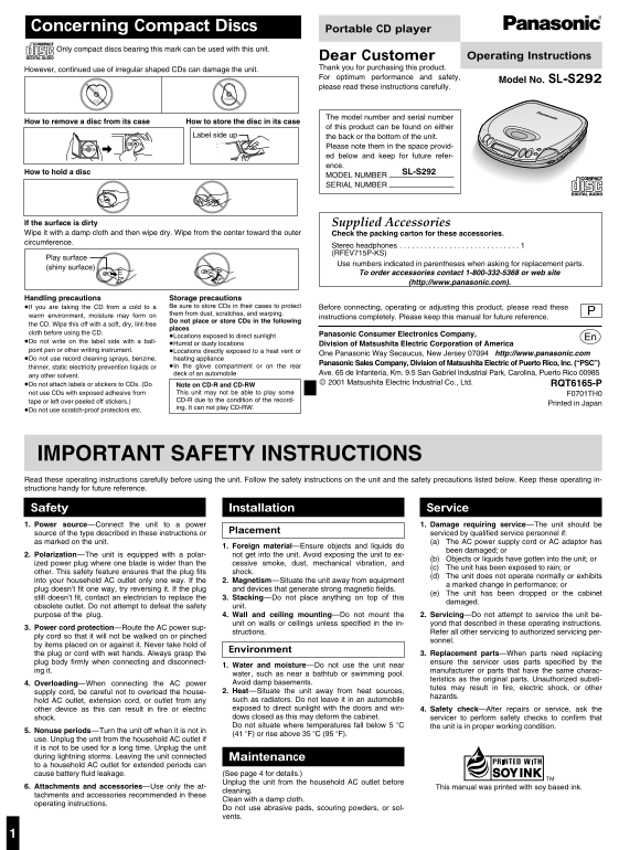 Panasonic SL-S292 User's Manual - Page 1