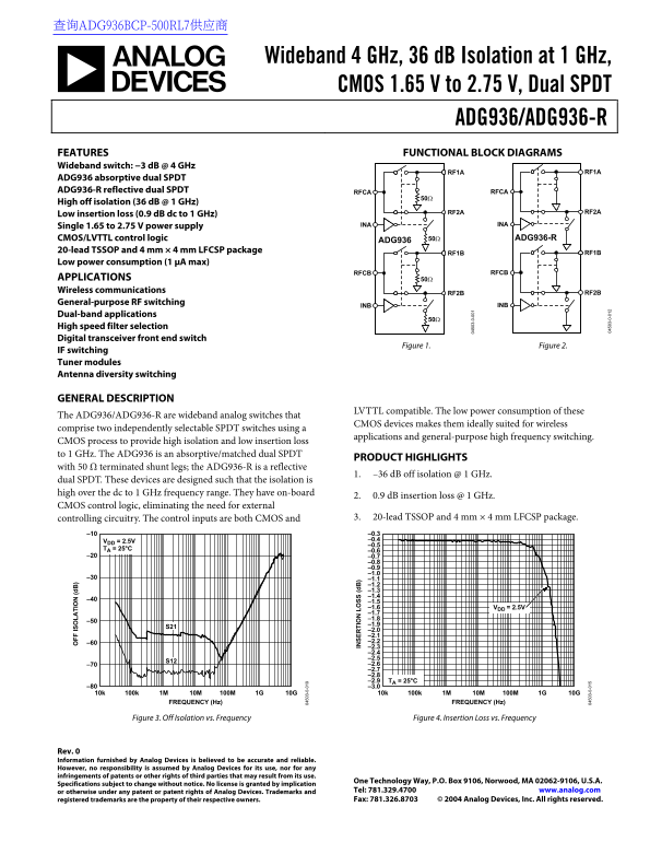 ADG936 Wideband 4 GHz, 36 dB Isolation at 1 GHz, CMOS 1.65 V to 2.75 V, Dual SPDT ADG936 ADG936- R User's Manual and Specifications Sheet - Page 1