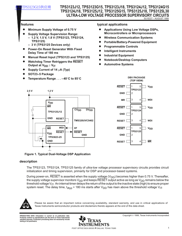 Texas Instruments TPS3123J12, TPS3123G15, TPS3123J18, TPS3124J12, TPS3124G15 TPS3124J18, TPS3125J12, TPS3125G15, TPS3125J18, TPS3125L30 User's Manual - Page 1