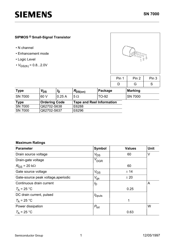 SIEMENS SN 7000 Data Sheet/Manual - Page 1