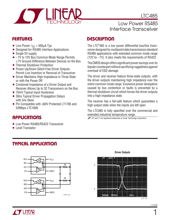 LINEAR TECHNOLOGY LTC485 Low Power RS485 Interface Transceiver User's Manual - Page 1
