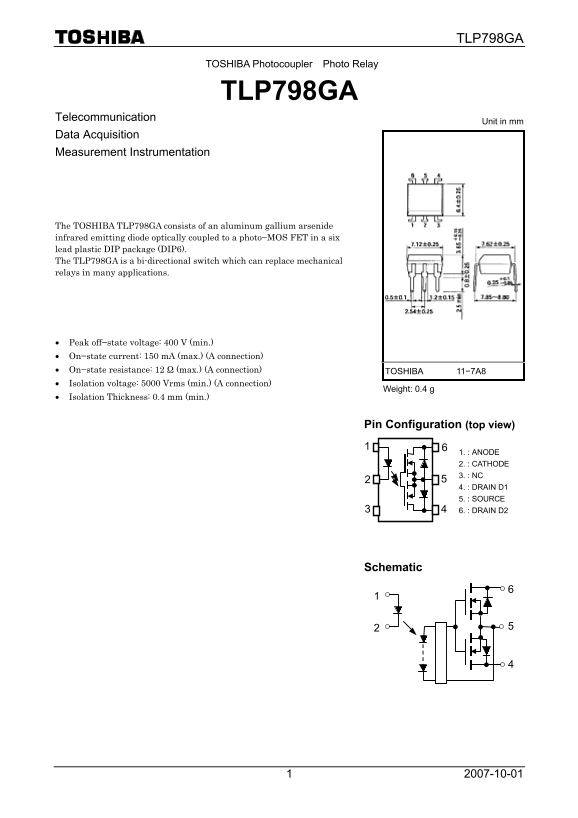 Toshiba Photocoupler Photo Relay TLP798GA Data Manual - Page 1