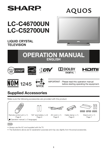 SHARP LC-C46700UN LC- C52700UN Operation Manual - Page 1