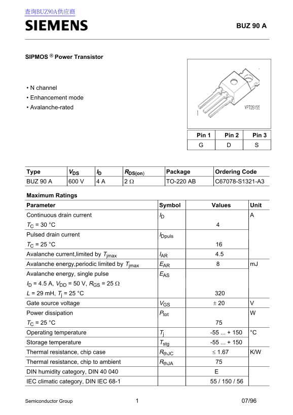 Siemens BUZ 90 A SIPMOS Power Transistor Specifications - Page 1