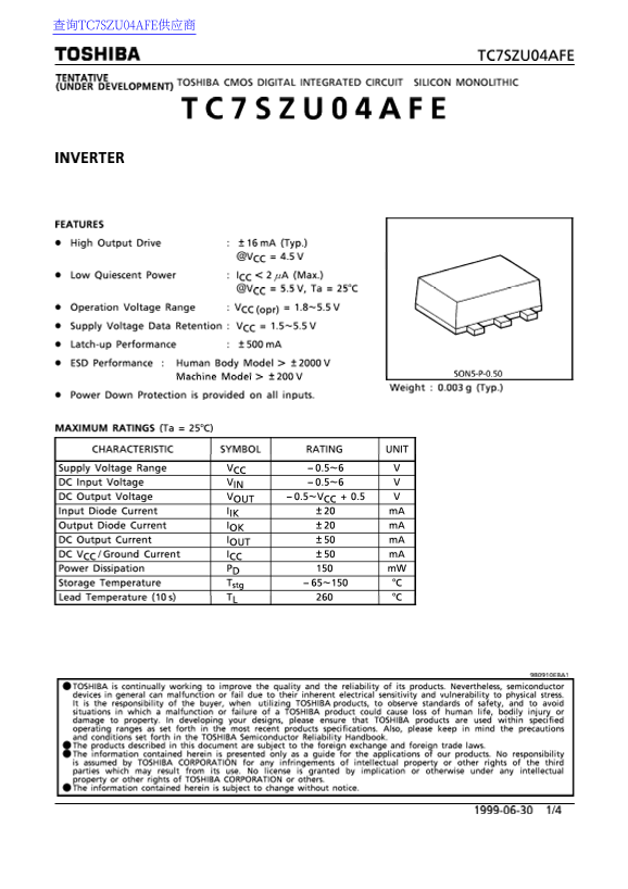 Toshiba TC7SZU04AFE Data Handbook - Page 1