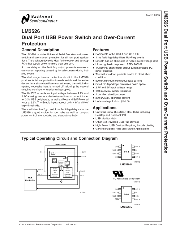 National Semiconductor LM3526 Dual Port USB Power Switch and Over-Current Data Manual - Page 1