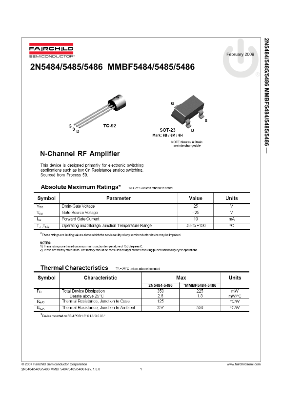 Fairchild 2N5484 2N5485 2N5486 MMBF5484 MMBF5485 MMBF5486 N-Channel RF Amplifier Data Manual - Page 1