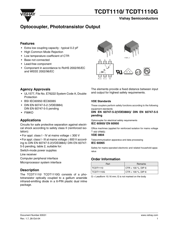 Vishay - TCDT1110 TCDT1110G Data Sheet User Manual - Page 1